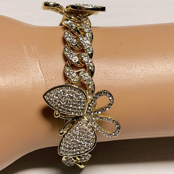 FASHION JEWELRY STAINLESS STEEL BUTTERFLY BRACELET RHINESTONE GOLD CUBAN CHAIN - Picture 6 of 14